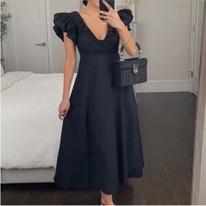 Abercrombie & Fitch puff sleeve plunge midi dress in black